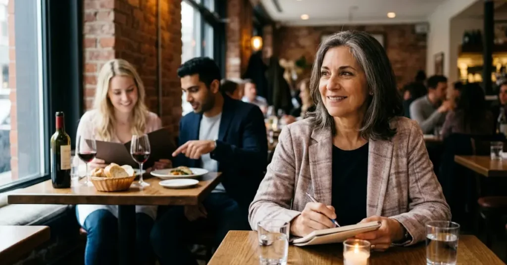 Denise Tomasetti (Dating Coach) observing first date compatibility in restaurant