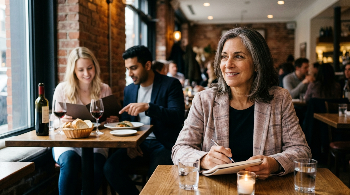 Denise Tomasetti (Dating Coach) observing first date compatibility in restaurant