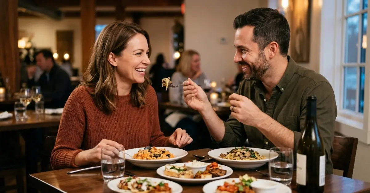 A happy couple laughing and sharing food during a romantic dinner date at an Italian restaurant, featuring a man playfully feeding pasta to his partner.