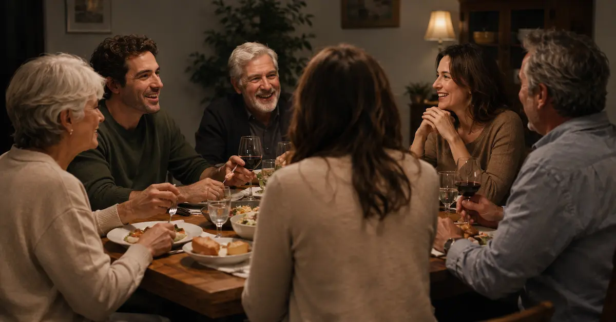 Couple sitting at a family dinner table sharing a meal with parents