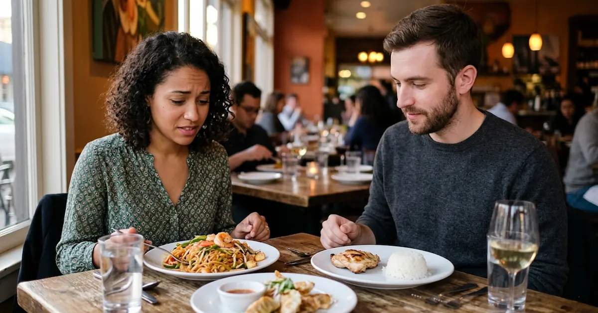 Couple on a dinner date with one partner eating plain grilled chicken and rice, showing picky eating and dating compatibility