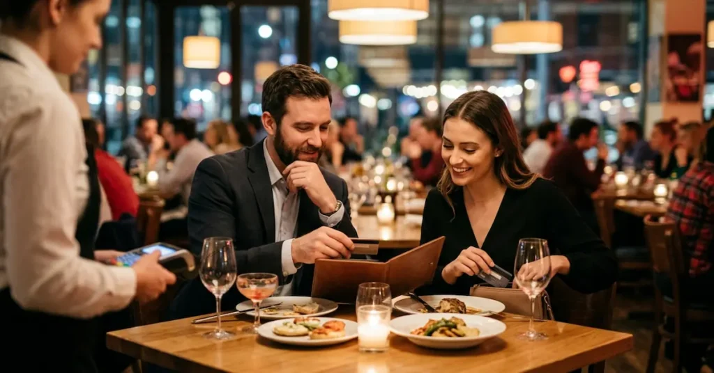 Couple splitting the bill on a first date at a restaurant with a waiter