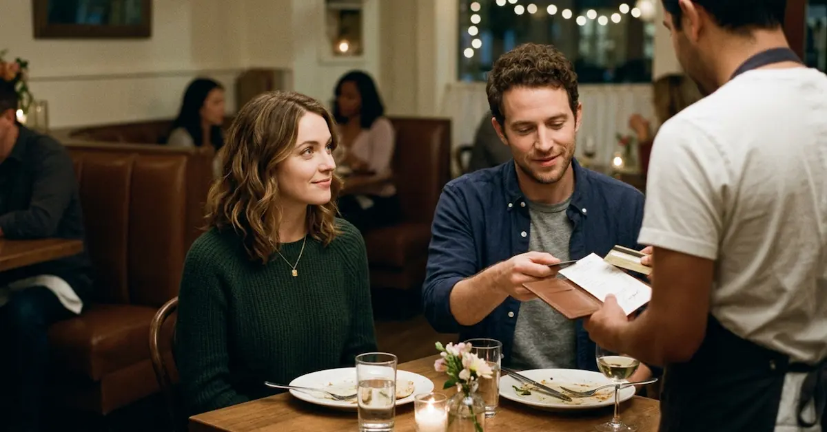 Man tipping a server on a date at a restaurant